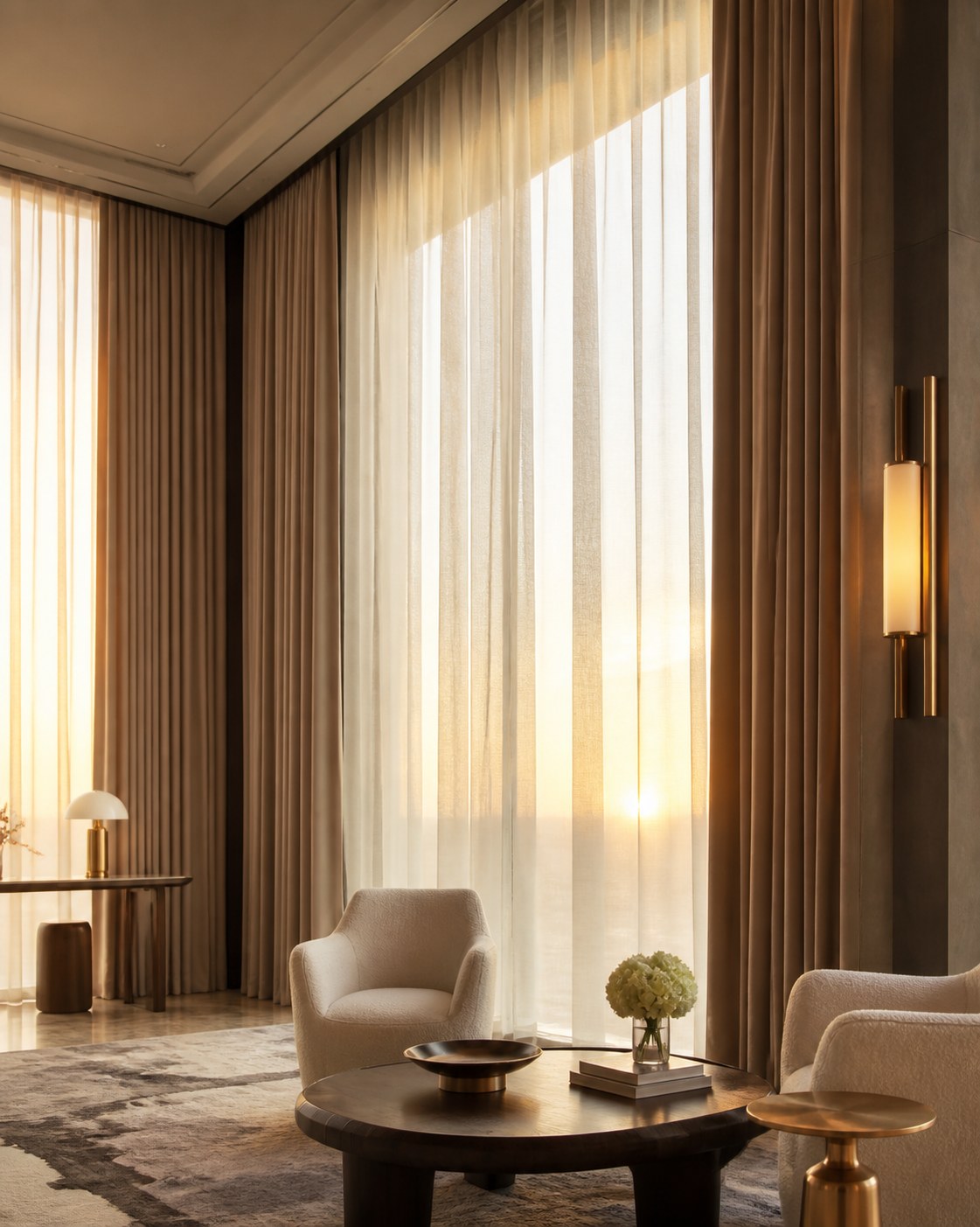 Full height layered curtains with visible pleats and premium textile drape