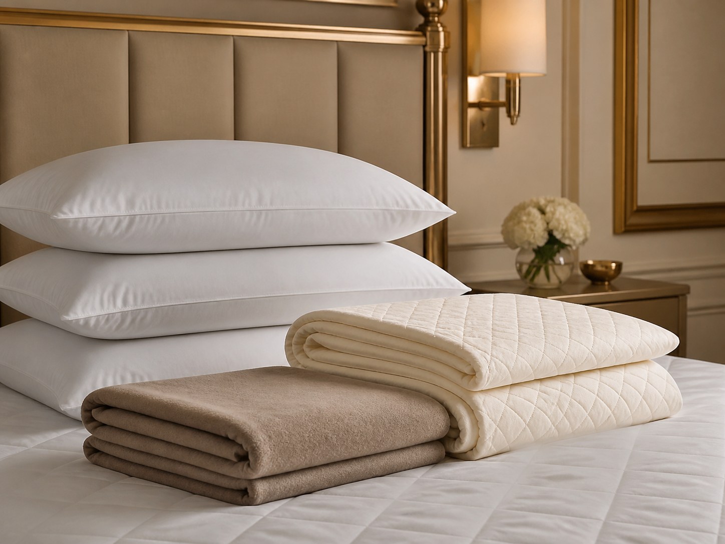 Premium pillows and bedding accessories arranged on a hotel bed
