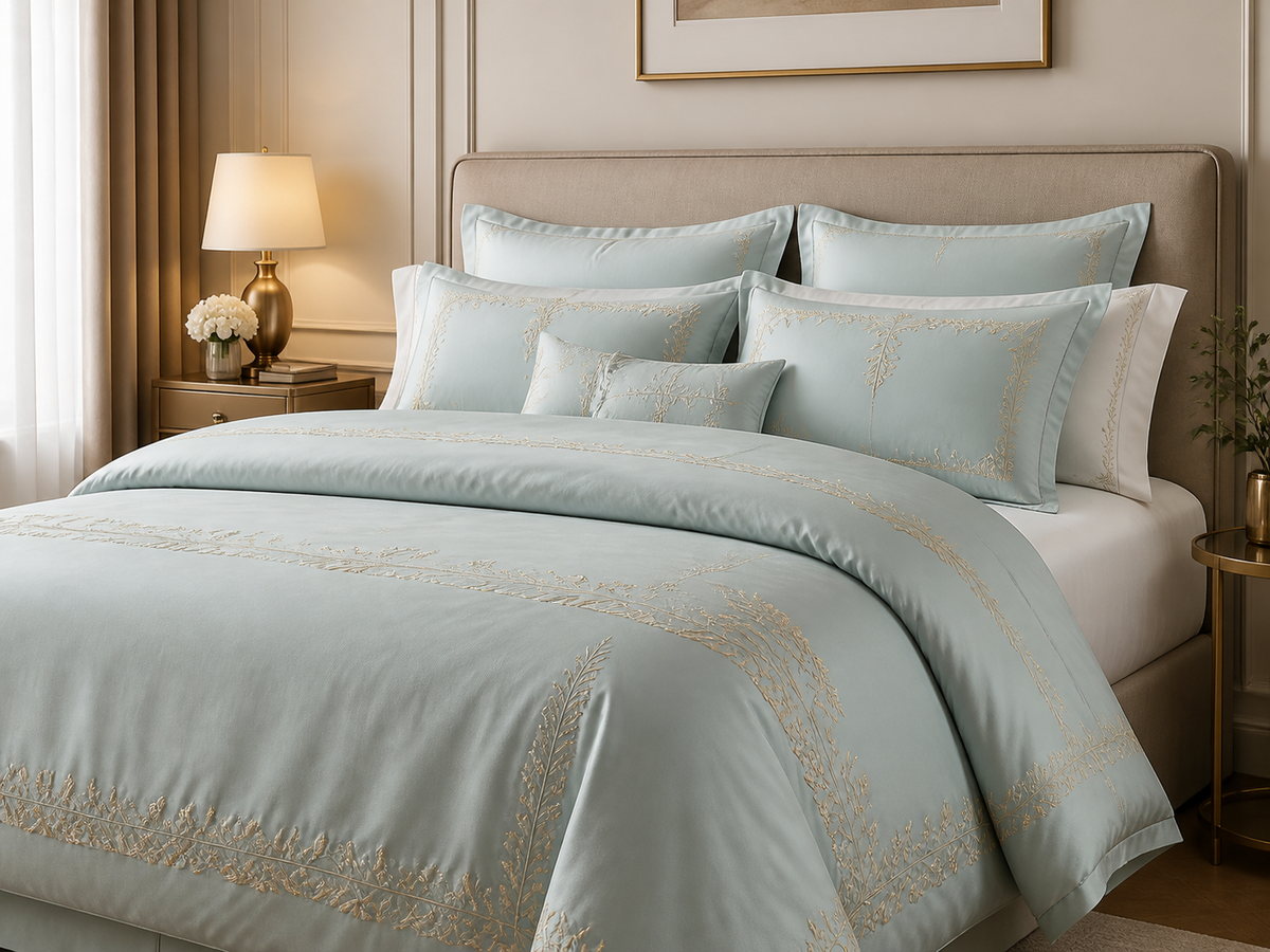 Light blue embroidered bedding set with premium finishing details