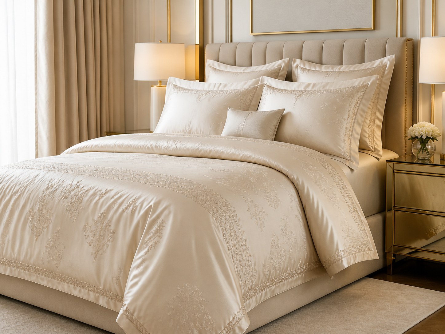 Custom embroidered ivory bedding set with layered pillows
