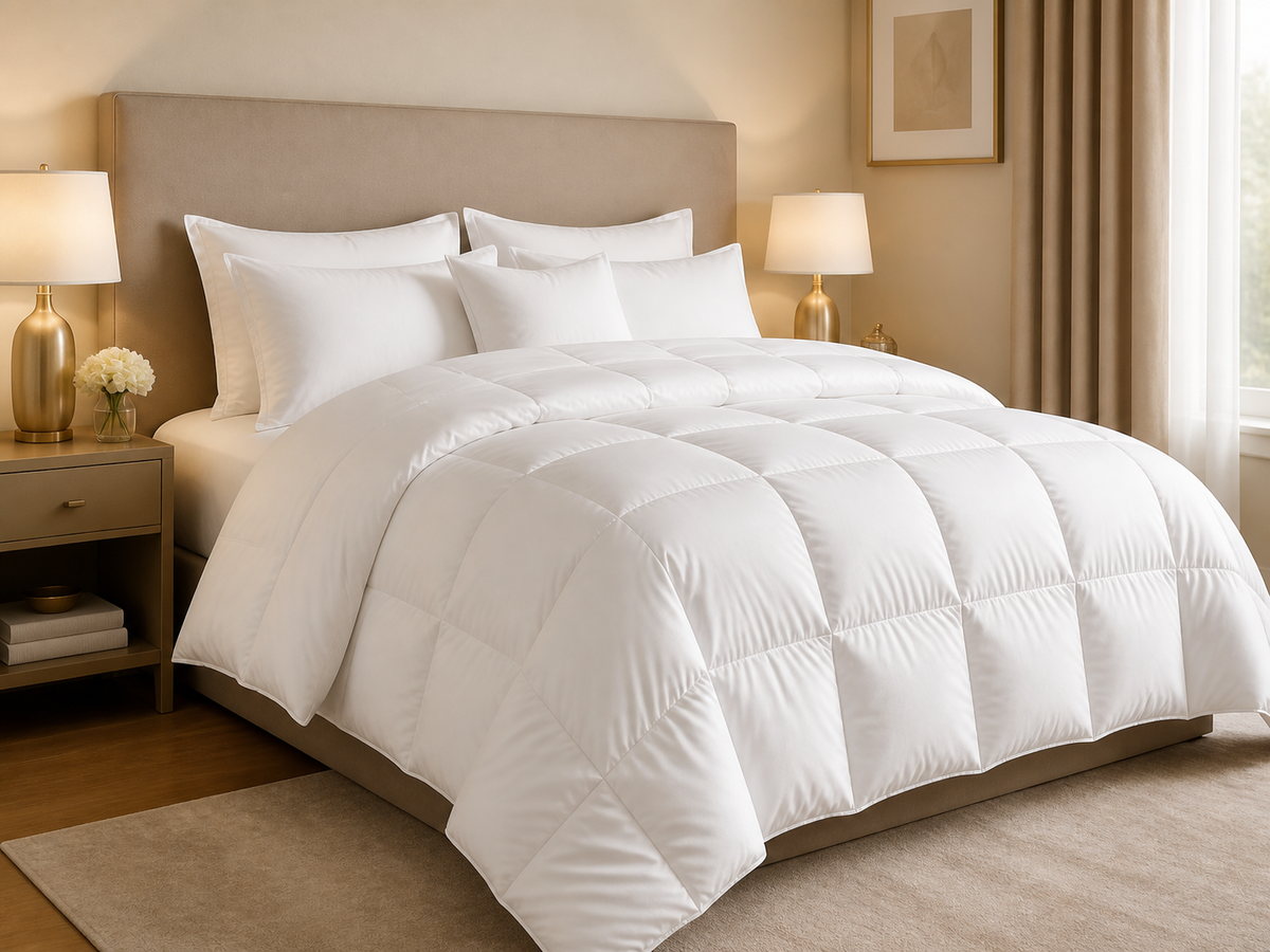 Quilted white comforter with clean hotel styling