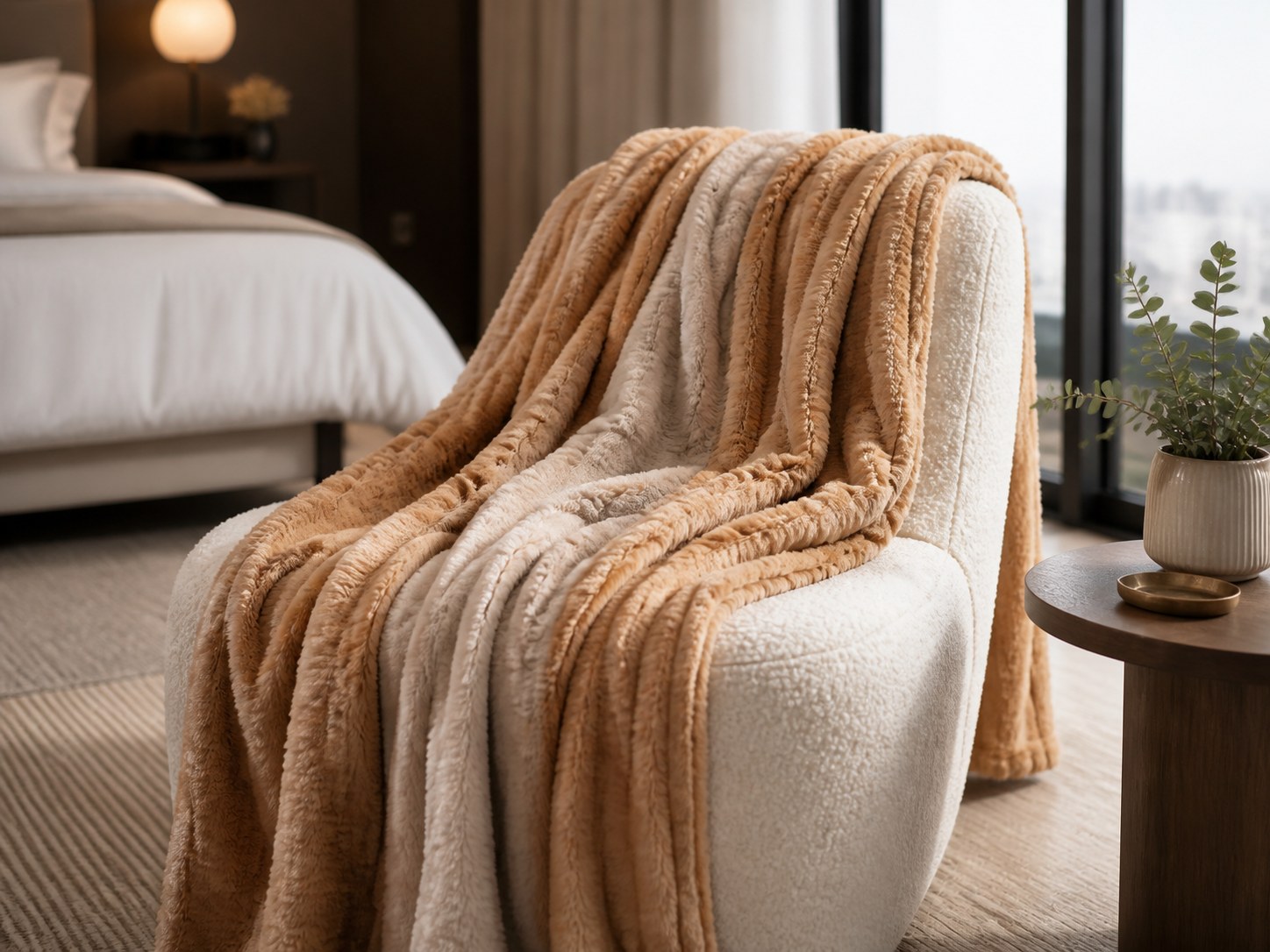 Neutral flannel blankets and throws with soft layered texture
