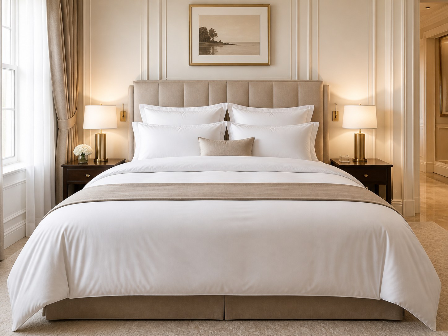 Premium white hotel bedding program in a warm modern guest room