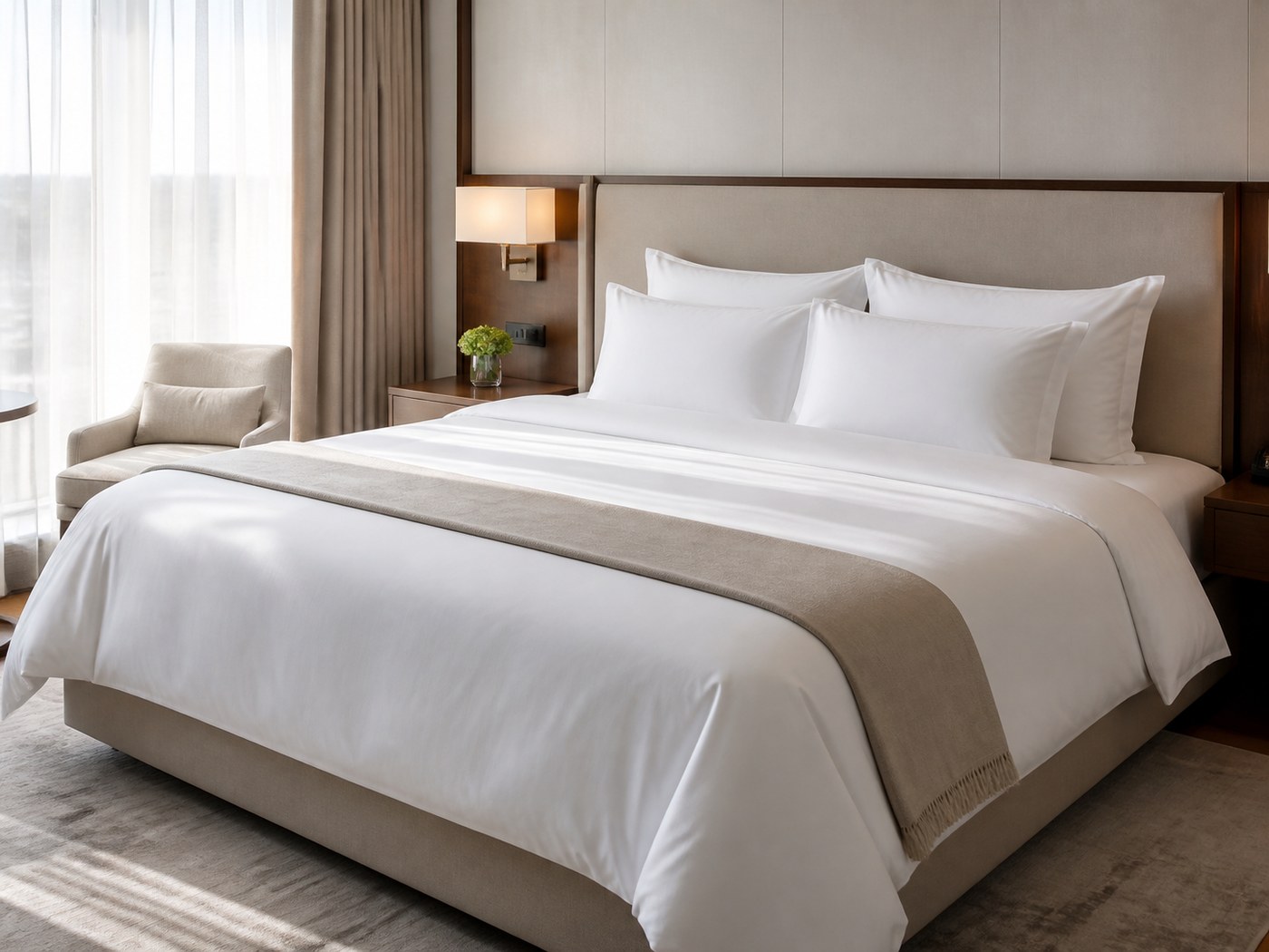 Premium white hotel bedding and linen in a refined guest room