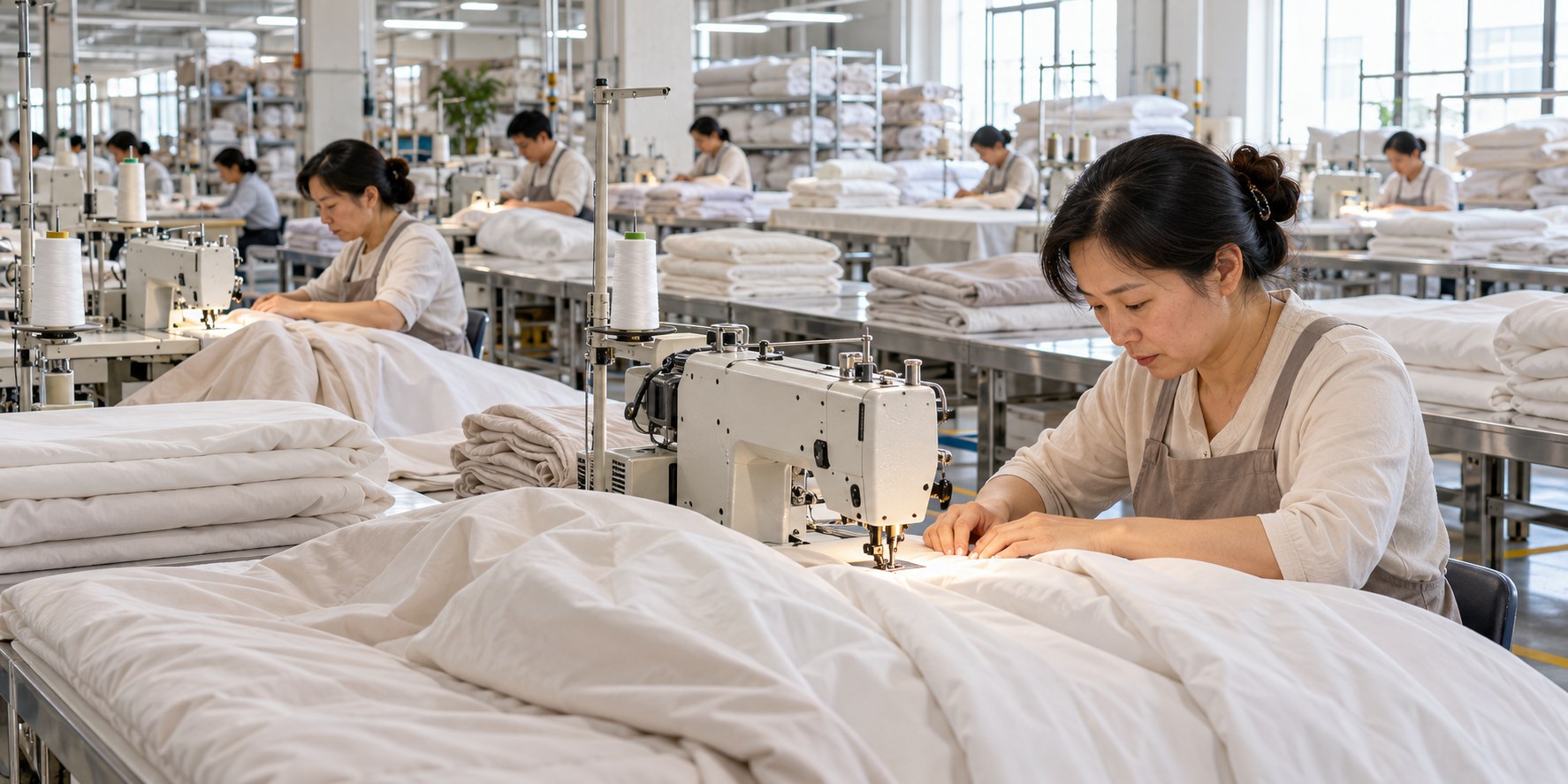 Factory sewing production workflow for custom home textiles