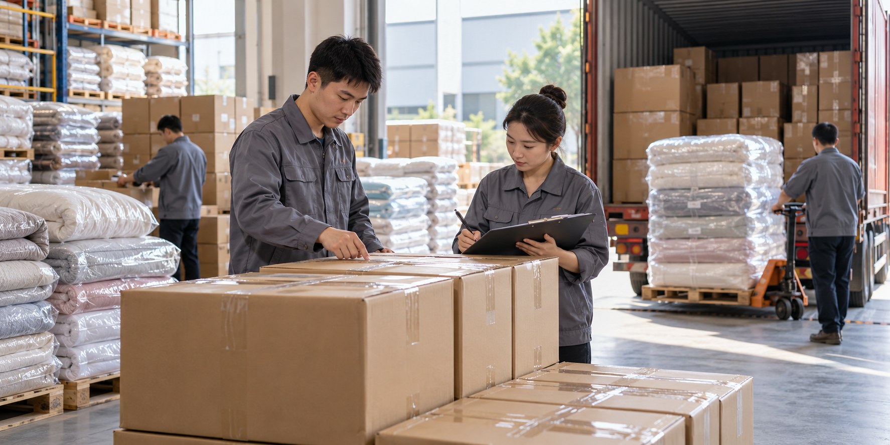 Chinese warehouse team coordinating export cartons for home textile delivery