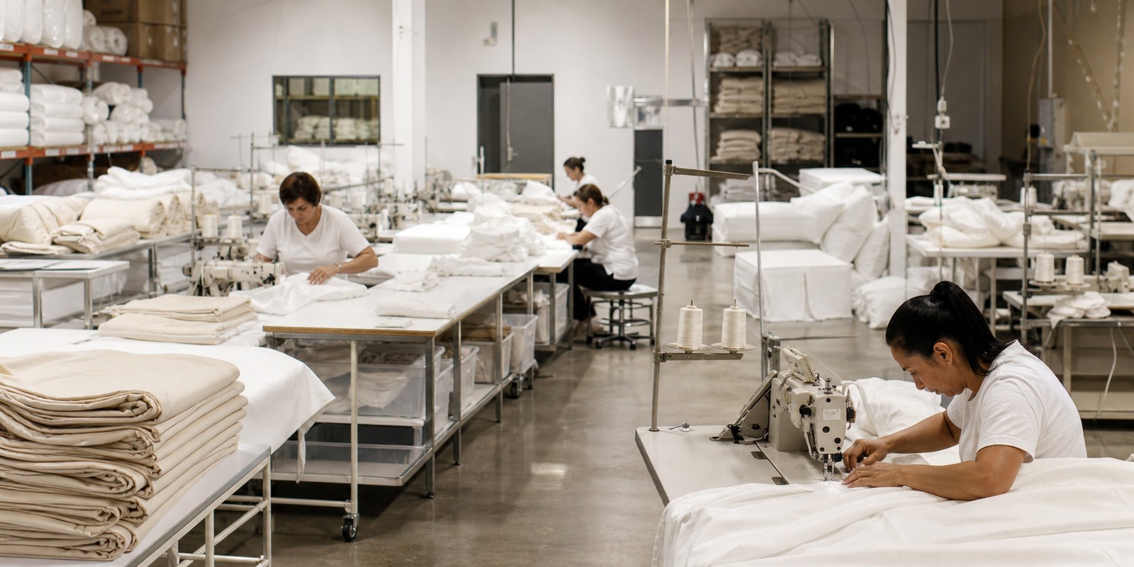 Factory sewing production workflow for custom home textiles