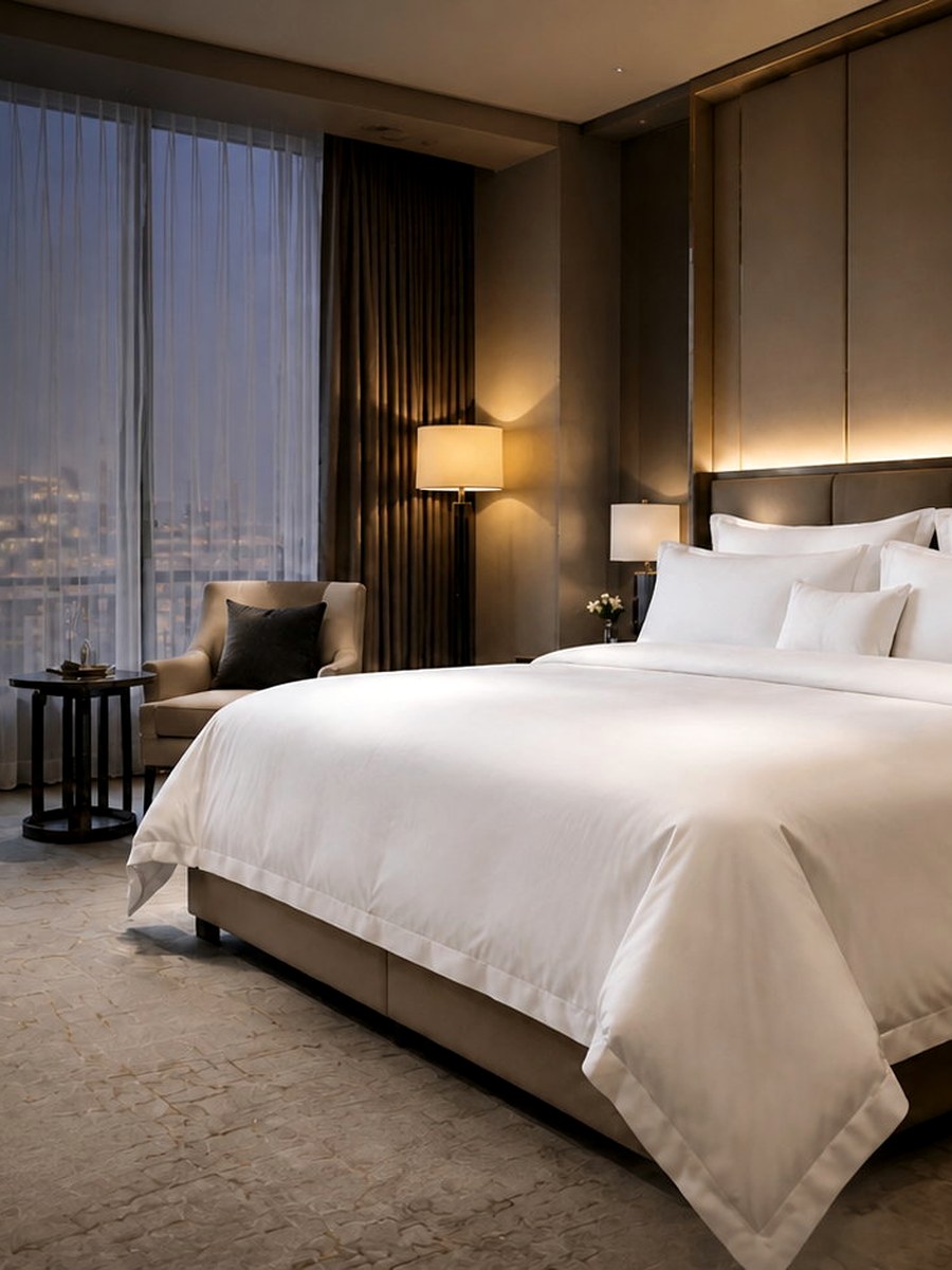 Premium hotel custom bedding in a warm modern suite